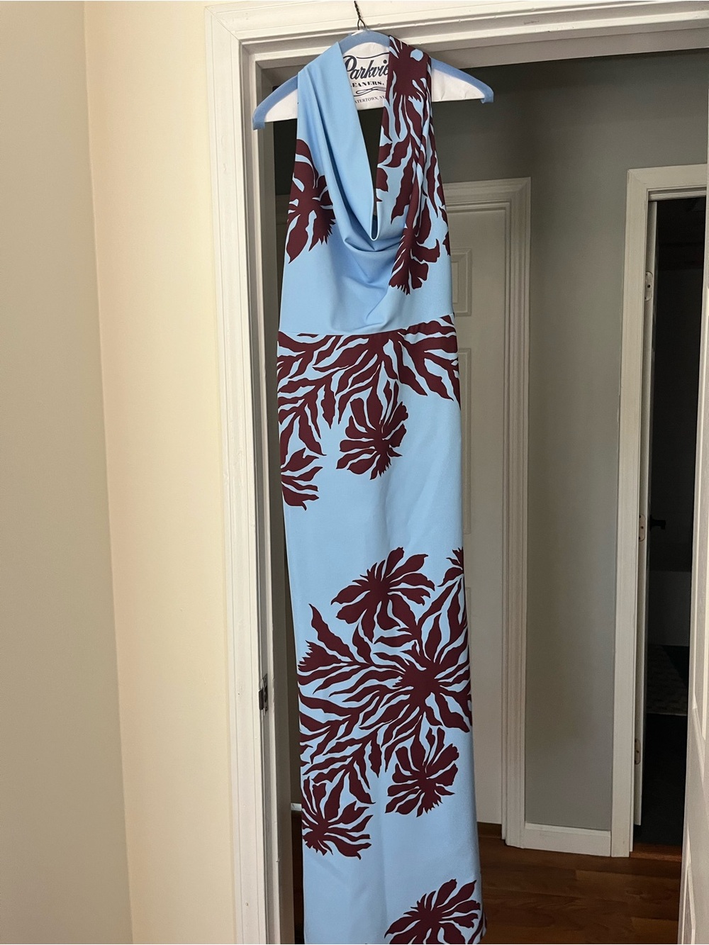 Light Blue Floral Maxi Dress with Maroon Print (worn once, dry cleaned)
